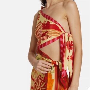 FARM Rio Red and Orange Floral Mixed Scarves Midi Dress